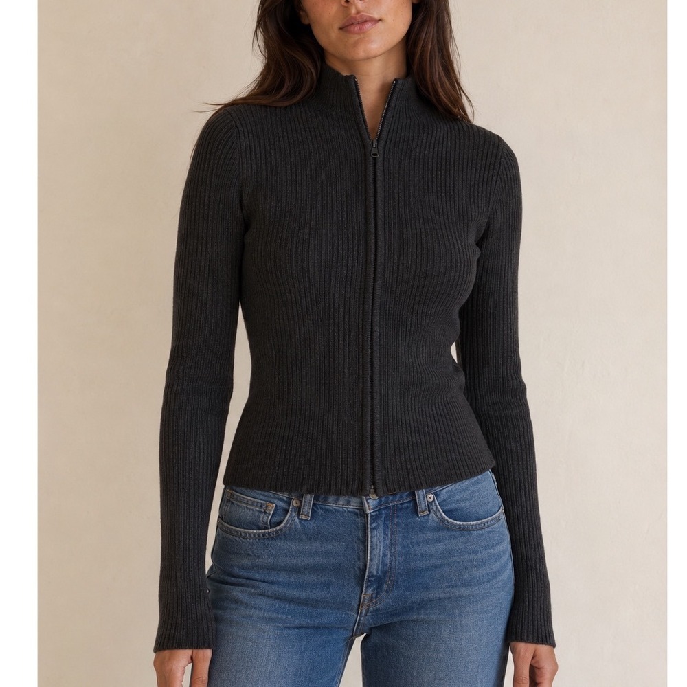 Old Navy Ribbed Mock Neck Full Zip Sweater Charcoal Gray Cotton Knit Medium qq